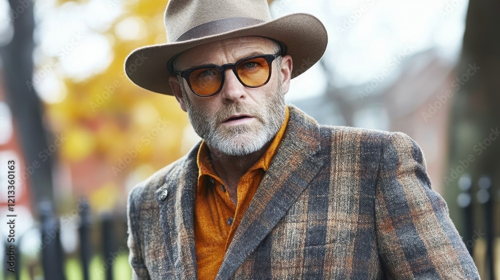 A man with a beard, wearing a plaid blazer and a hat, stands in a park surrounded by colorful autumn leaves. His look is complemented by orange-tinted glasses A man with a beard, wearing a plaid blazer and a hat, stands in a park surrounded by colorful autumn leaves. His look is complemented by orange-tinted glasses