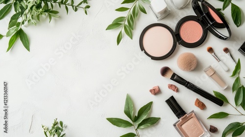 Beautiful Makeup Products with Green Leaves on White Background