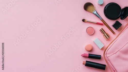 Pink Makeup Bag Spilled on Pink Background: Cosmetics, Beauty, and Glamour
