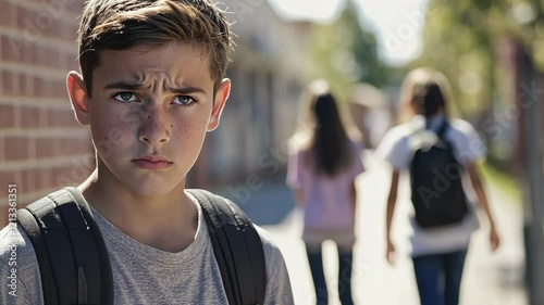 Young boy with a stern expression stands alone as classmates walk away on a sunny school day
