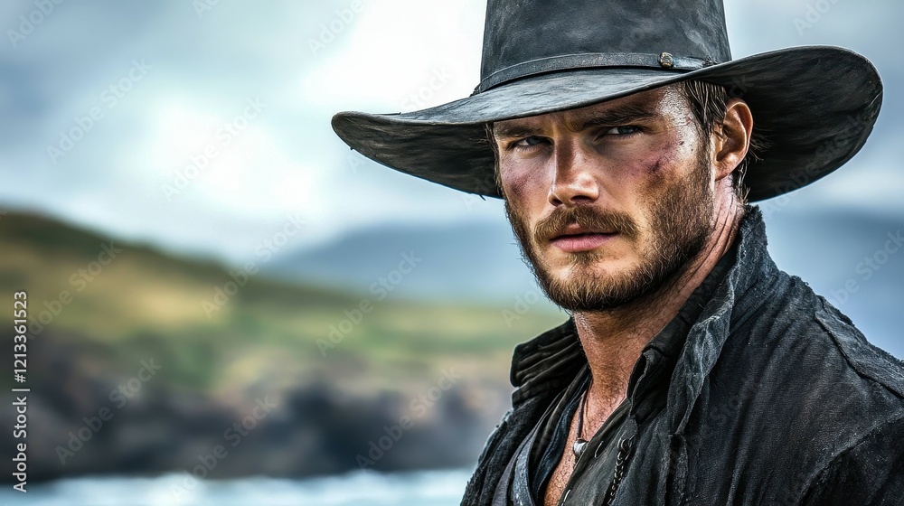 A rugged man with a beard and intense expression gazes at the camera. He stands near a coastline, with rolling hills and clouds in the background, portraying a sense of adventure and mystery A rugged man with a beard and intense expression gazes at the camera. He stands near a coastline, with rolling hills and clouds in the background, portraying a sense of adventure and mystery