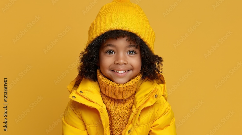 A happy child wearing a yellow puffer jacket and matching hat smiles warmly at the camera. The backdrop is a solid yellow, emphasizing the joyful atmosphere A happy child wearing a yellow puffer jacket and matching hat smiles warmly at the camera. The backdrop is a solid yellow, emphasizing the joyful atmosphere