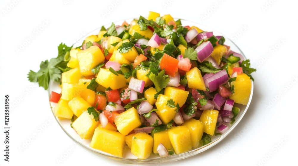 A refreshing mango salsa with diced mango, red onion, jalapeno A refreshing mango salsa with diced mango, red onion, jalapeno