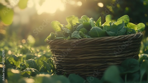 Fresh Spinach Harvested in a Woven Basket Outdoors photo