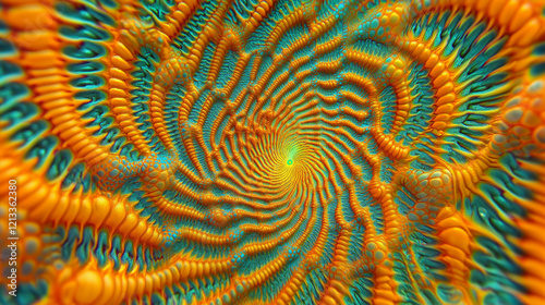 Abstract swirling pattern in vibrant orange and teal.