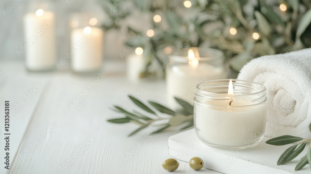 Serene Spa Setting: Candles, Olive Branches, and a Rolled Towel Serene Spa Setting: Candles, Olive Branches, and a Rolled Towel