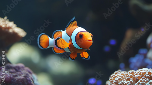 Fototapeta Naklejka Na Ścianę i Meble -  A colorful cartoon clownfish swimming in a coral reef 