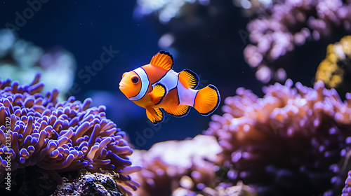 Fototapeta Naklejka Na Ścianę i Meble -  A colorful cartoon clownfish swimming in a coral reef 