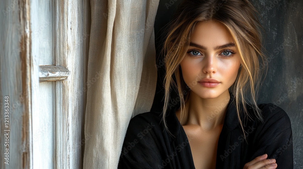Fototapeta premium A young woman stands by a window, bathed in soft natural light. She has a calm expression, dressed in a simple black outfit, with loose hair framing her face. The atmosphere is peaceful