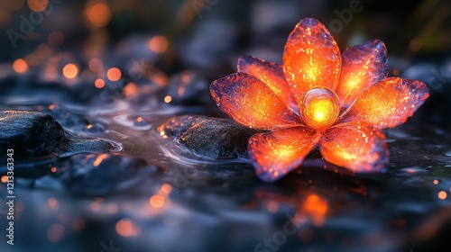 A glowing lotus flower emerges from a gentle water surface, surrounded by smooth stones, as twilight casts a serene atmosphere, enhancing the scene's beauty and tranquility