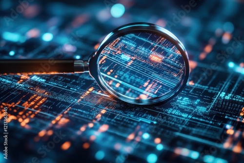 Wallpaper Mural Magnifying glass over glowing digital code, blue and orange hues. Illustrates data analysis, cybersecurity, or code inspection. Torontodigital.ca