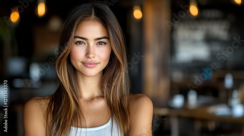 Wallpaper Mural A young woman with long hair smiles softly while standing indoors in a cafe. Natural light floods the space, enhancing her friendly demeanor and the inviting atmosphere Torontodigital.ca
