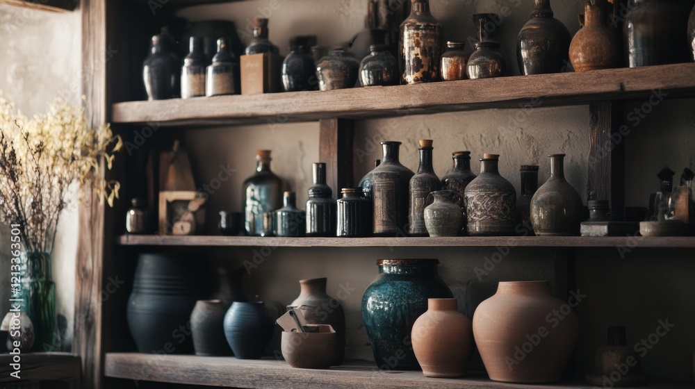 Rustic pottery displayed on wooden shelves Rustic pottery displayed on wooden shelves