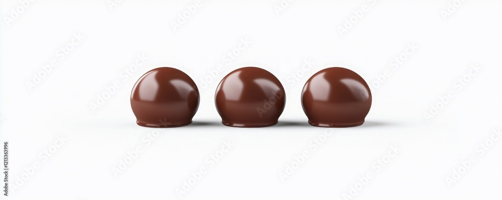 Fototapeta premium Three glossy chocolate truffles arranged in a row, showcasing their smooth surface and rich texture.