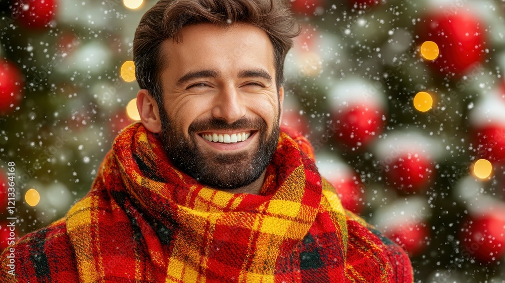 A man with a bright smile stands outside, covered in a cozy plaid scarf. Snowflakes gently fall around him as festive decorations shine in the background, creating a joyful winter atmosphere A man with a bright smile stands outside, covered in a cozy plaid scarf. Snowflakes gently fall around him as festive decorations shine in the background, creating a joyful winter atmosphere