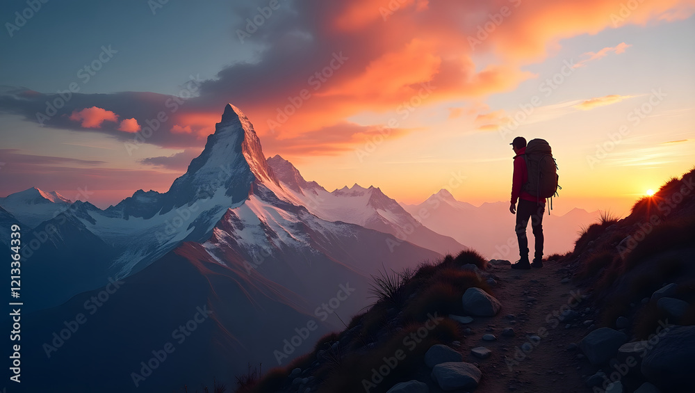 Photograph of a hiker silhouetted against a snowy mountain peak under a fiery orange sunset Photograph of a hiker silhouetted against a snowy mountain peak under a fiery orange sunset