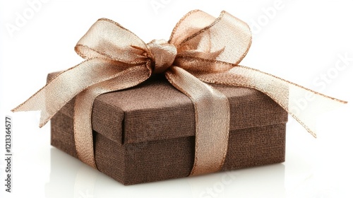 Beautifully Wrapped Brown Gift Box with Bow and Ribbon on White Background