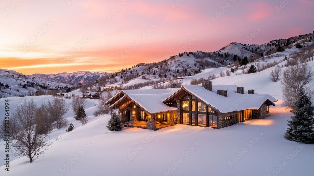 Cozy Snowy Cabin Nestled in the Scenic Mountain Landscape at Sunset Cozy Snowy Cabin Nestled in the Scenic Mountain Landscape at Sunset