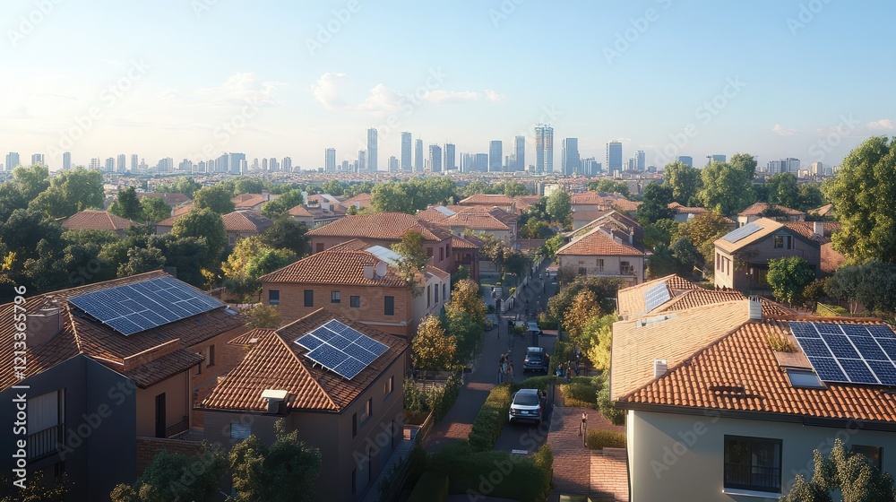 custom made wallpaper toronto digitalA clean, carbon-reduced cityscape with solar panels on rooftops, green trees, and a clear sky offering space for copy