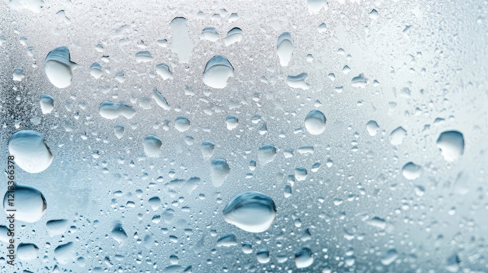 A close-up of a transparent glass of mineral water with ice and condensation droplets on a white table, light blue gradient background, emphasizing purity and freshness A close-up of a transparent glass of mineral water with ice and condensation droplets on a white table, light blue gradient background, emphasizing purity and freshness