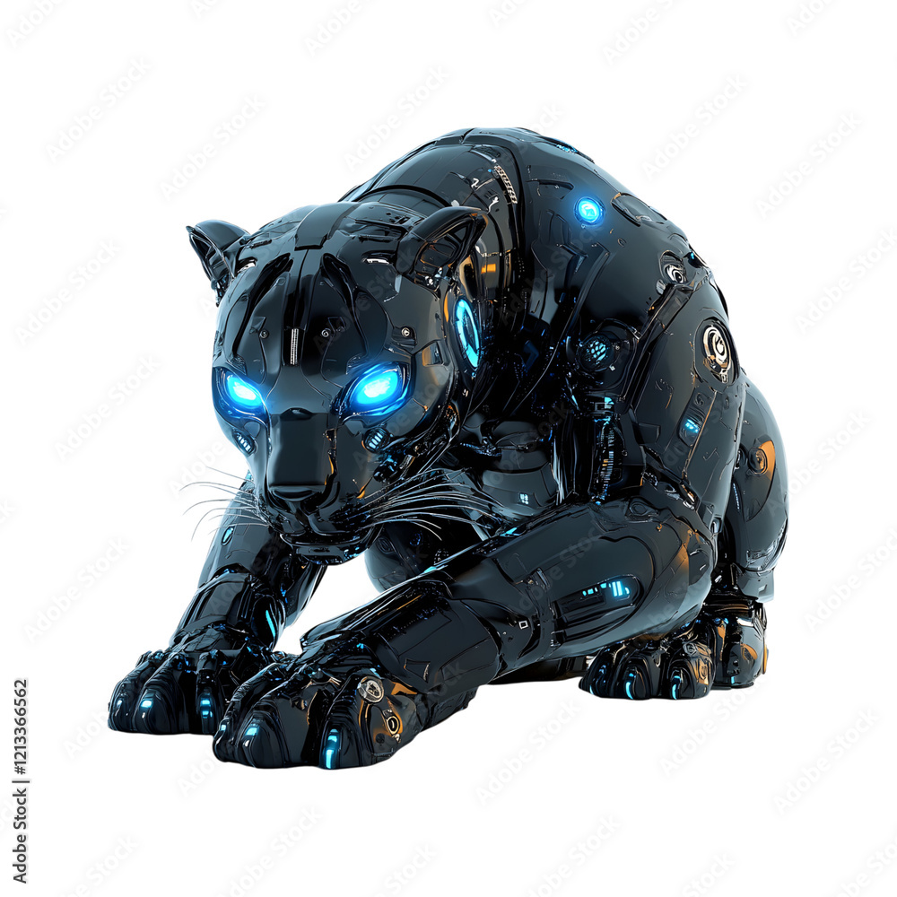 Robotic Panther with Glowing Eyes and Metallic Fur on transparent background Robotic Panther with Glowing Eyes and Metallic Fur on transparent background