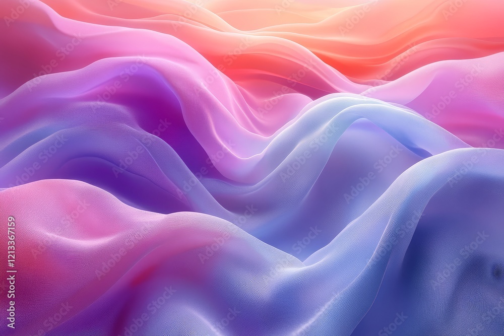 Obraz premium 3D render of an abstract background with flowing cloth in the air, featuring minimalistic design in white, pastel blue, pink, and purple colors.