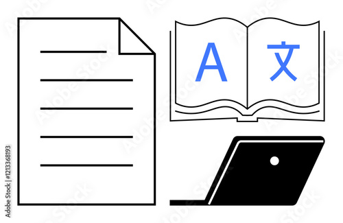 Document with text lines, open book with multilingual symbols, and laptop represent language translation and digital communication. Ideal for education, technology, linguistics, globalization