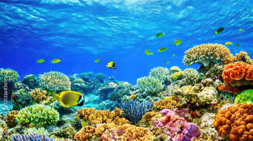 Fototapeta premium A high-angle view of a healthy, vibrant coral reef with clear blue water, leaving space for copy