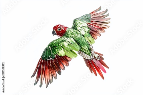 Green and red jeweled parrot in flight, isolated on white.