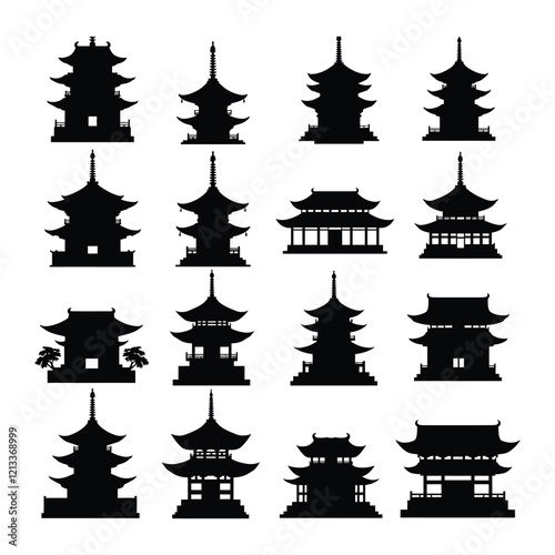 Set collections Japanese traditional gate black silhouette icon symbol with white background