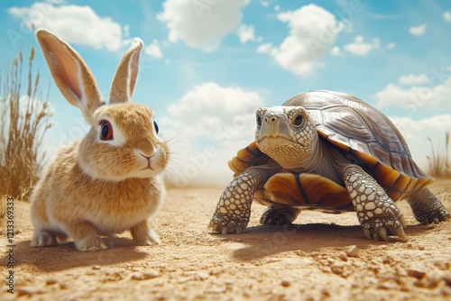 Cute bunny and tortoise on sandy path. Illustrates slow and steady vs. fast and quick.