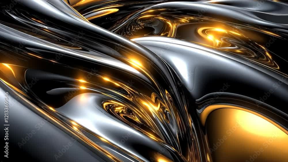Fluid dynamics create mesmerizing patterns in a radiant black and gold display. Generative AI