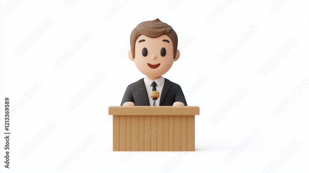 Smiling 3D cartoon man giving a presentation at a podium. Smiling 3D cartoon man giving a presentation at a podium.