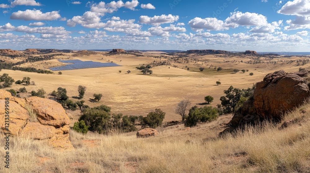 A panoramic view of solar panels covering a vast area of land under a blue sky with open space for copy A panoramic view of solar panels covering a vast area of land under a blue sky with open space for copy