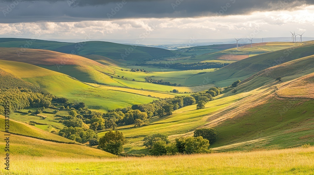 A peaceful, green valley with wind turbines in the distance, symbolizing carbon reduction through sustainable energy, with space above for text A peaceful, green valley with wind turbines in the distance, symbolizing carbon reduction through sustainable energy, with space above for text