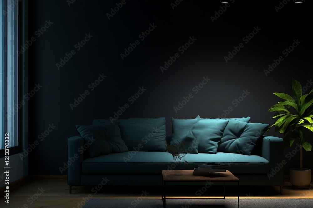 Teal sofa in a dark room with a plant and coffee table. Teal sofa in a dark room with a plant and coffee table.