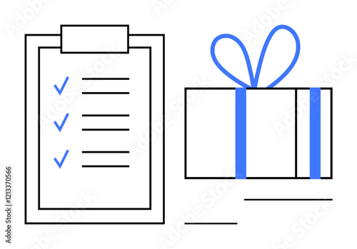 Checklist with completed tasks and a wrapped gift box with a bow. Ideal for productivity, task completion, reward system, goal achievement, project planning, recognition, and celebration. Line