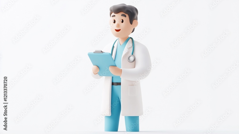 Cheerful 3D cartoon doctor holding clipboard. Cheerful 3D cartoon doctor holding clipboard.