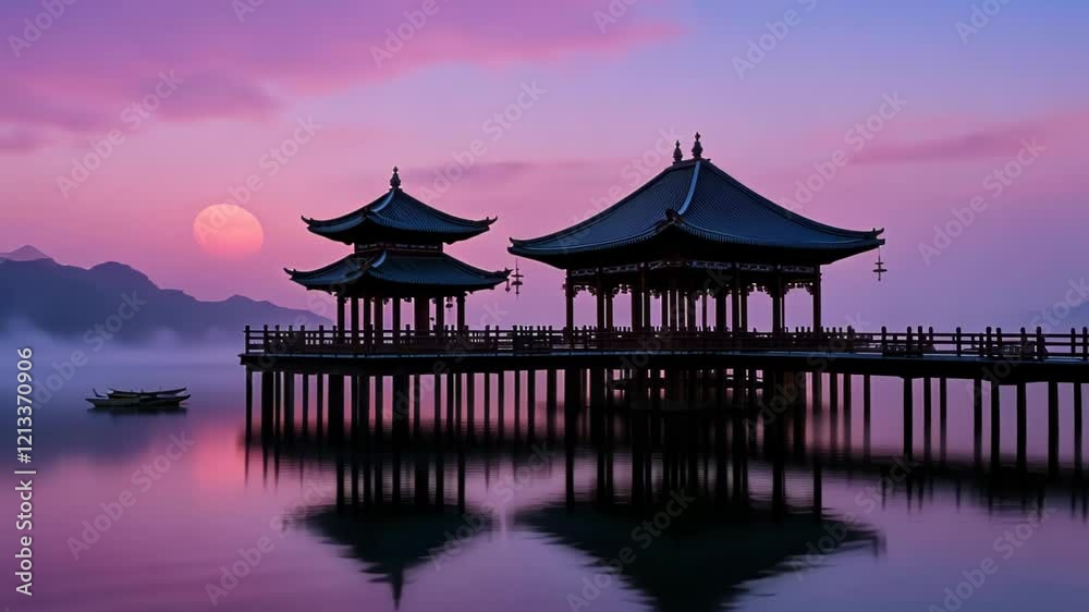 Serene sunset over a tranquil lake with traditional pavilions and soft mist. Serene sunset over a tranquil lake with traditional pavilions and soft mist.