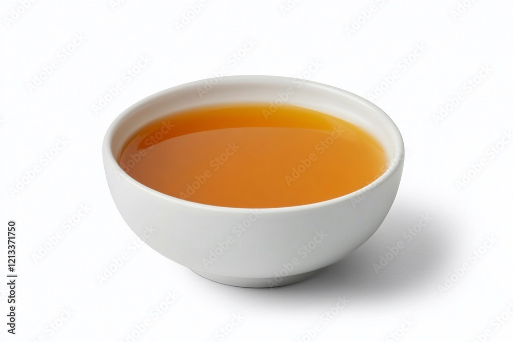 Amber liquid in a small white bowl isolated on white background. Amber liquid in a small white bowl isolated on white background.