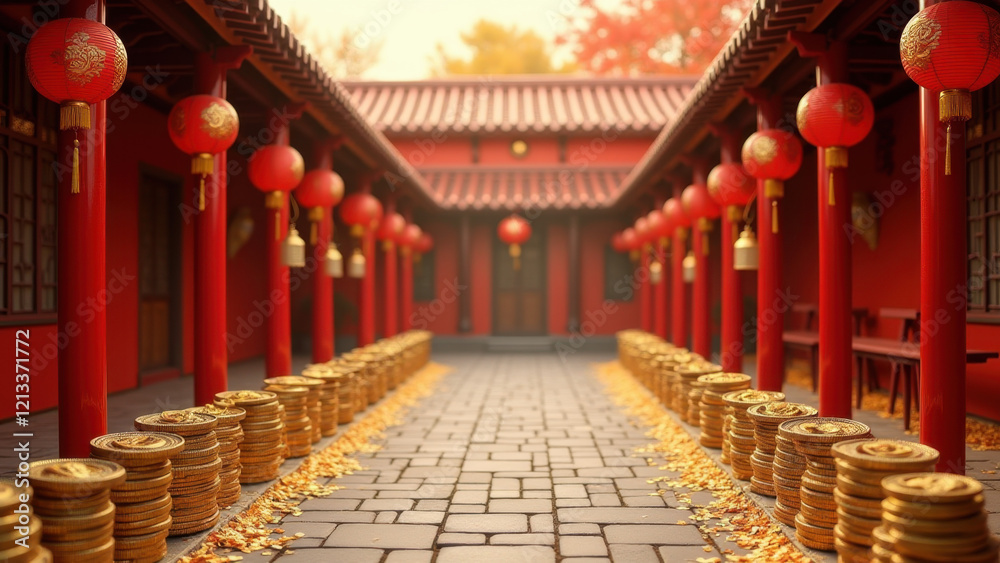 Obraz premium Chinese New Year Gold Coins & Lanterns - Lunar New Year