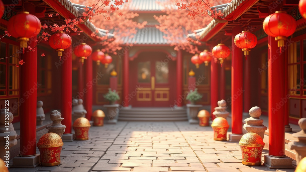 Fototapeta premium Chinese New Year Temple Courtyard - 3D renderings