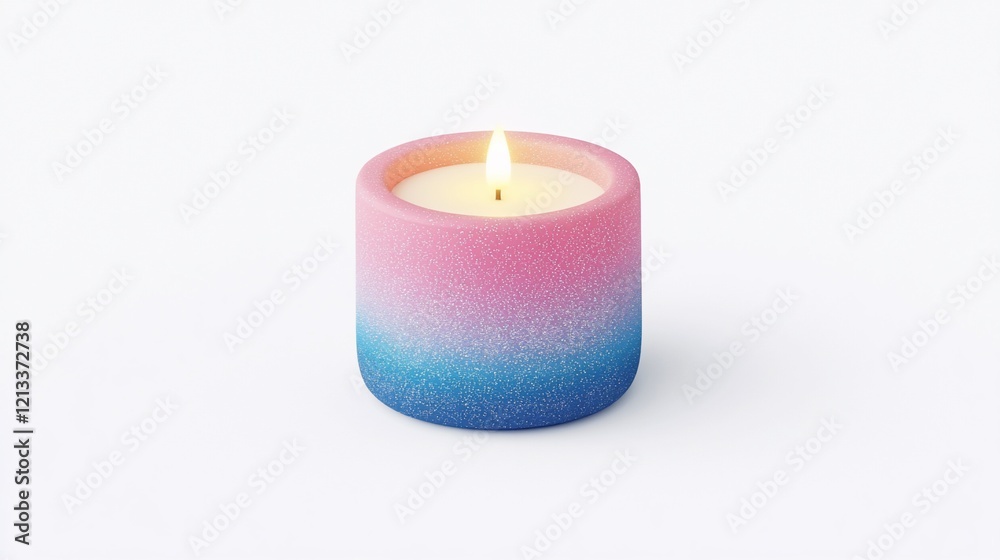 Lit ombre candle with pink and blue wax in a cylindrical container on white background. Lit ombre candle with pink and blue wax in a cylindrical container on white background.