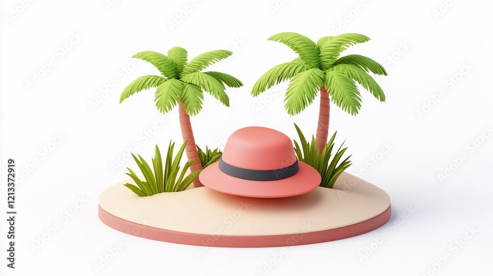 Obraz premium Pink sun hat on a tropical island with palm trees.