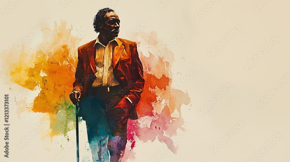 Fototapeta premium Stylish Man in Brown Suit Against Colorful Abstract Background