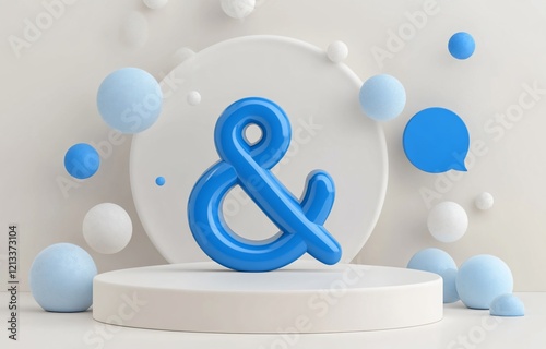 3D rendered ampersand symbol on white platform with pastel blue spheres and speech bubble.