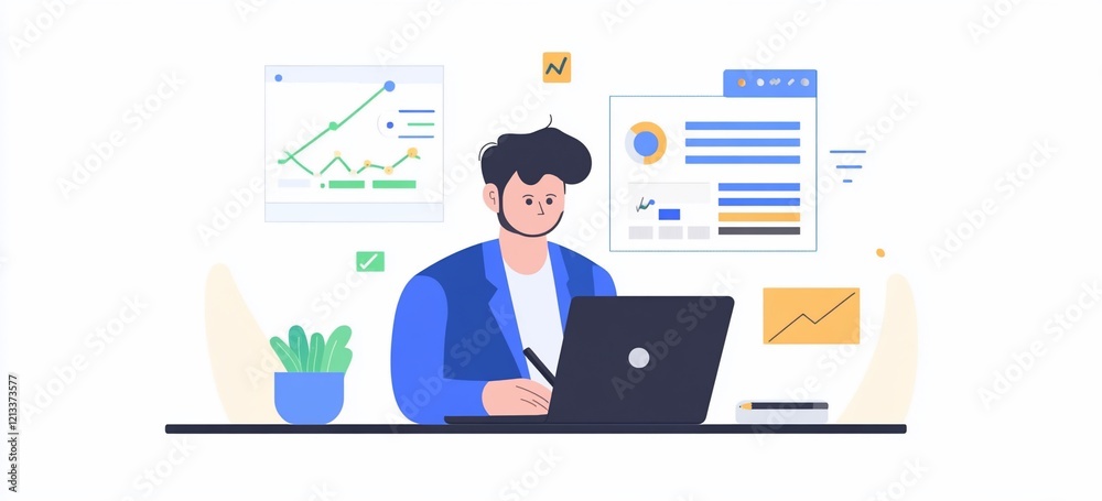 Man working on laptop, analyzing data charts and graphs. (1) Man working on laptop, analyzing data charts and graphs. (1)