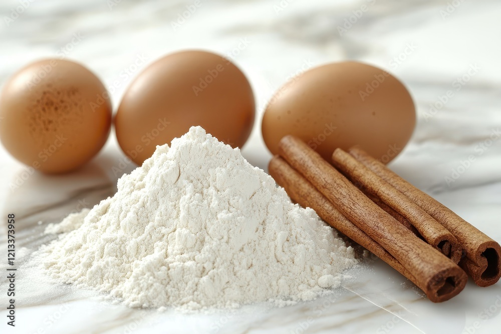 Flour, eggs, and cinnamon sticks on marble. Perfect for baking blogs, recipes, or food websites. Flour, eggs, and cinnamon sticks on marble. Perfect for baking blogs, recipes, or food websites.