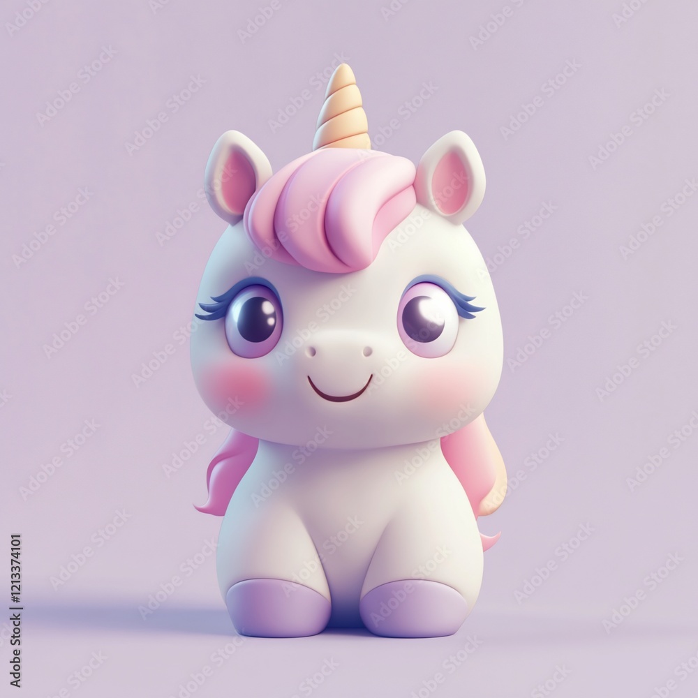 Adorable 3D rendered baby unicorn with pink mane and horn, sitting on purple background. Adorable 3D rendered baby unicorn with pink mane and horn, sitting on purple background.