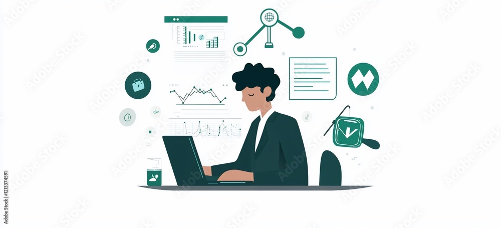 Person working on laptop with data graphs and charts. Person working on laptop with data graphs and charts.